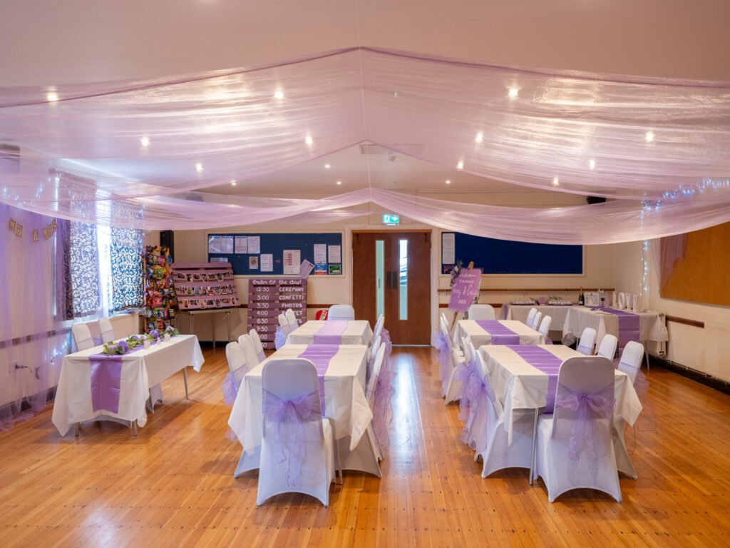 The village hall has a capacity of 100, here the hall has been laid out for a wedding